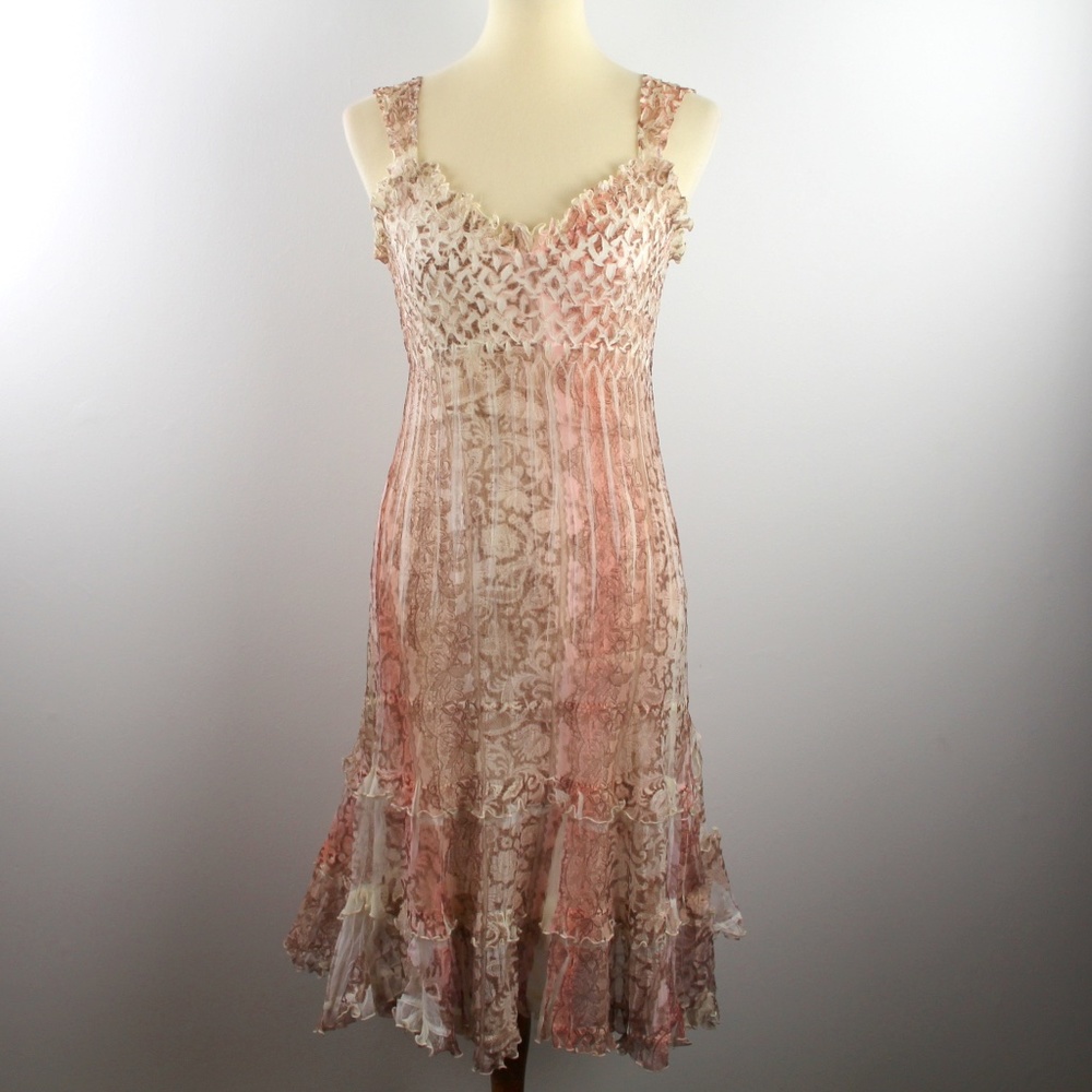 Komarov Tan Cream Pink Crinkle Chiffon Sleeveless Ruffle Trim Midi Dress S